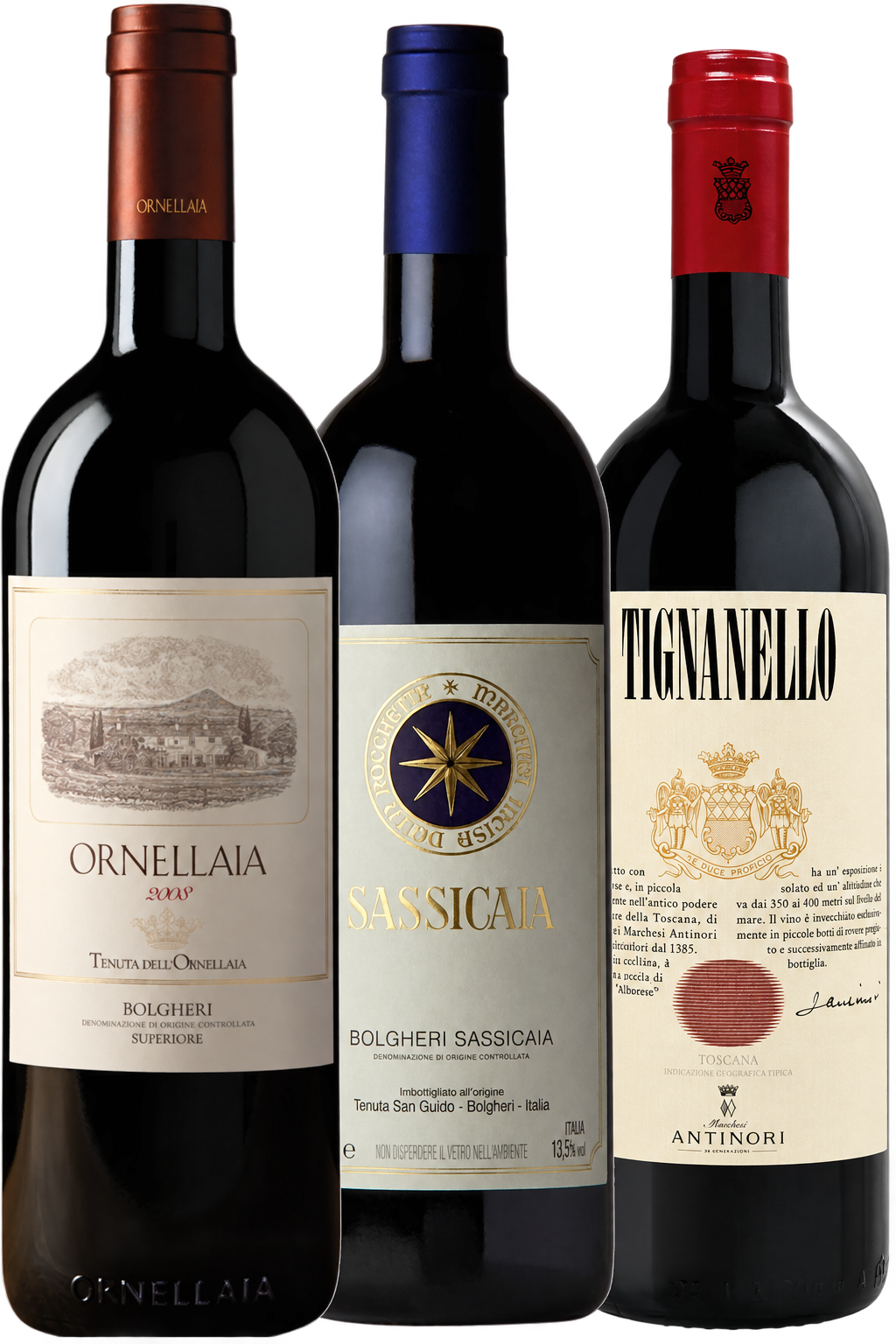 Ornellaia, Sassicaia and Tignanello wine bottles