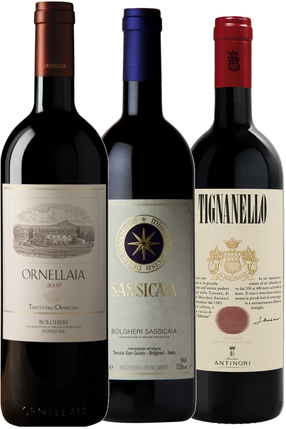 Ornellaia, Sassicaia and Tignanello wine bottles